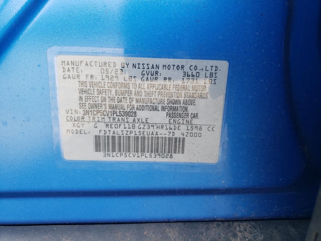 2023 NISSAN KICKS SV VIN:3N1CP5CV1PL539028