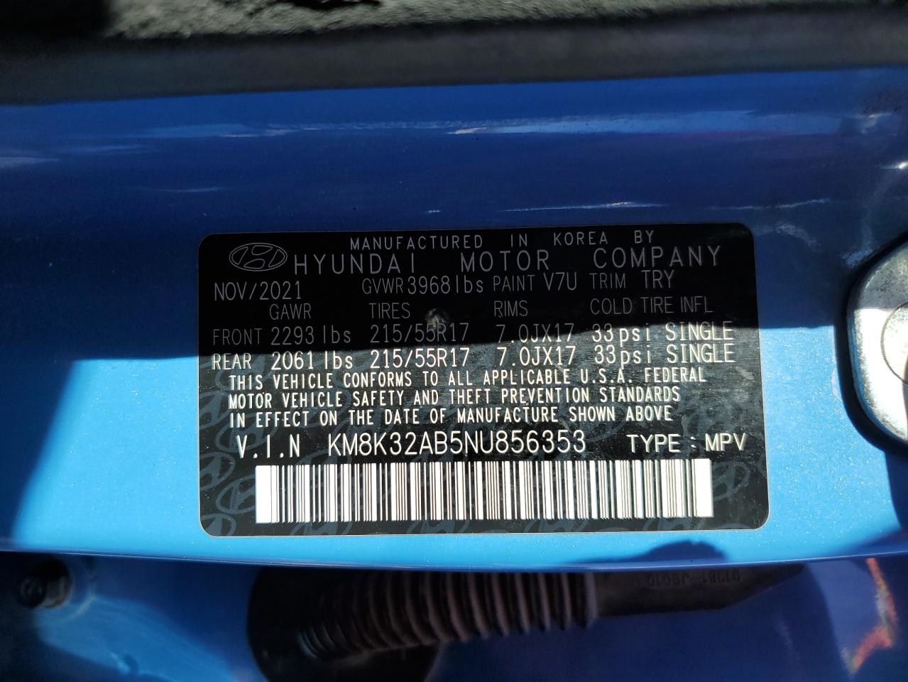 2022 HYUNDAI KONA SEL VIN:KM8K32AB5NU856353