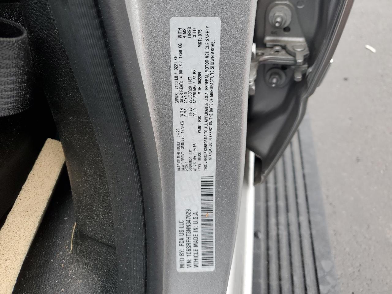 2022 RAM 1500 LIMITED VIN:1C6SRFHT3NN347629