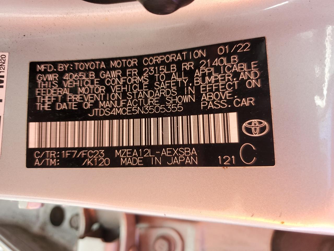 2022 TOYOTA COROLLA SE VIN:JTDS4MCE5N3505355