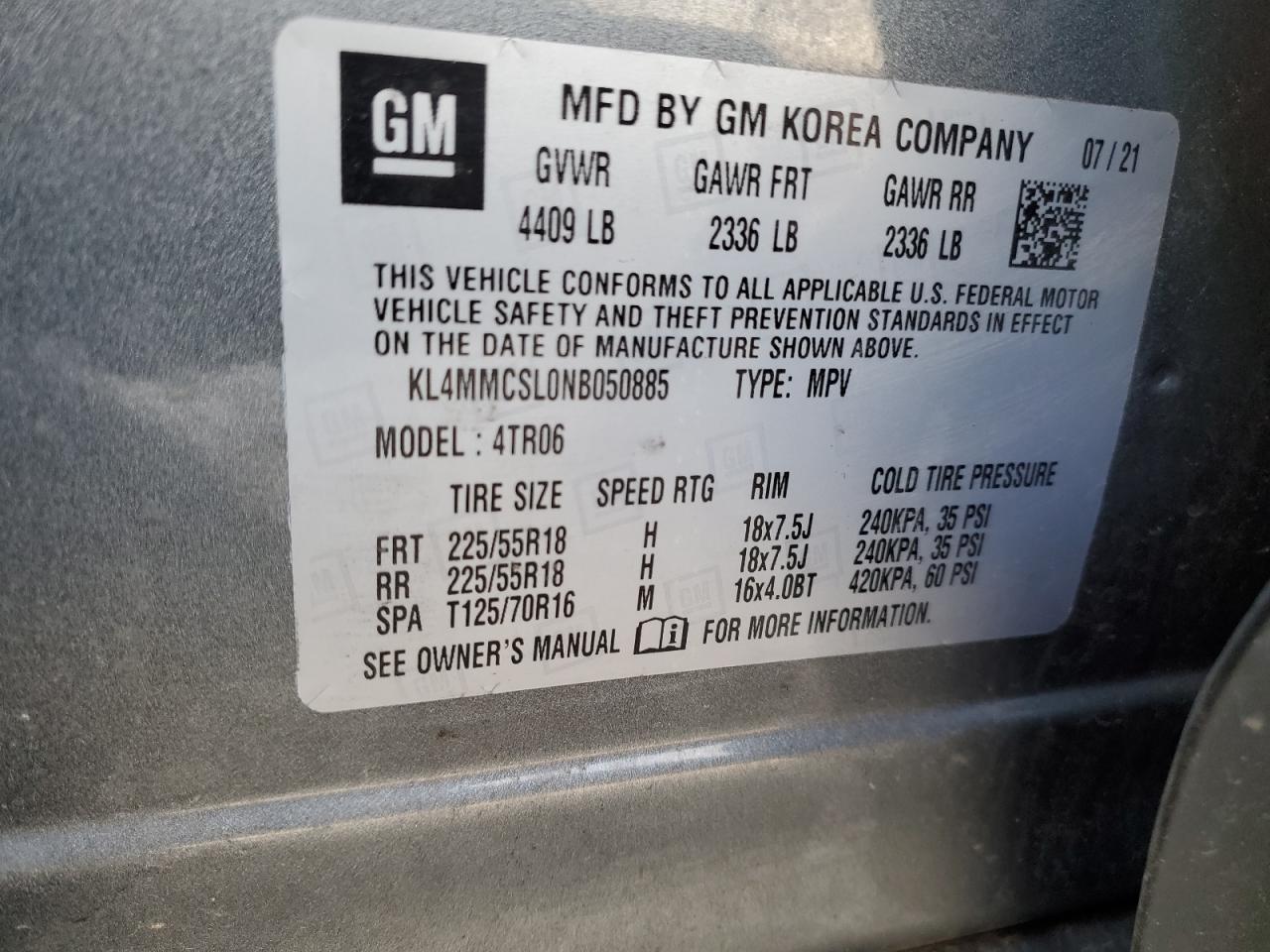 2022 BUICK ENCORE GX PREFERRED VIN:KL4MMCSL0NB050885