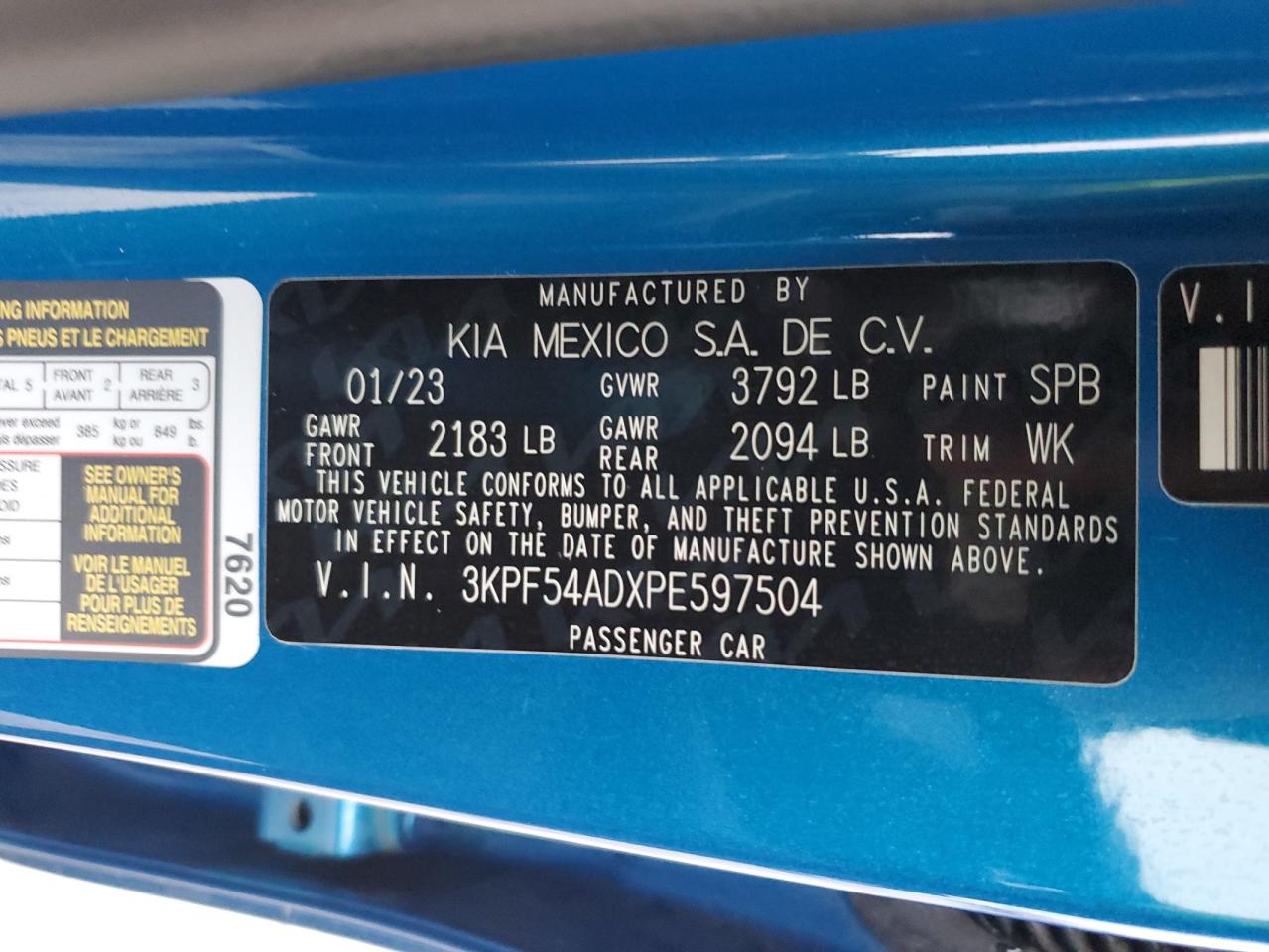2023 KIA FORTE GT LINE VIN:3KPF54ADXPE597504