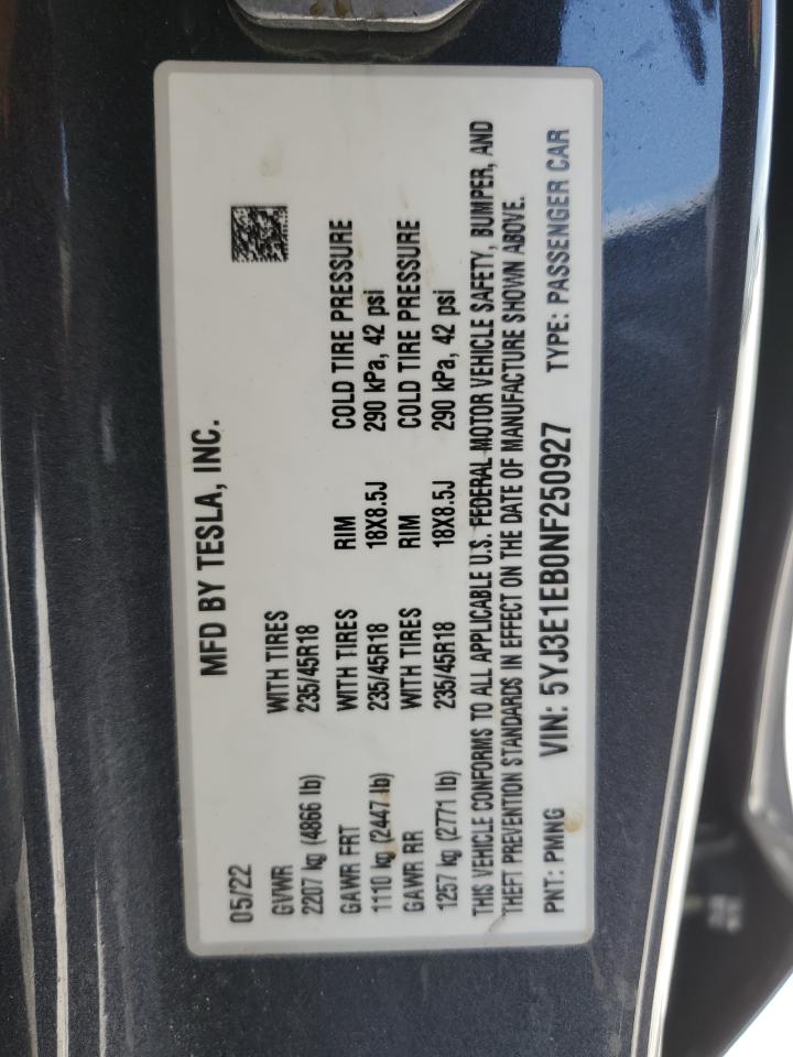 2022 TESLA MODEL 3  VIN:5YJ3E1EB0NF250927