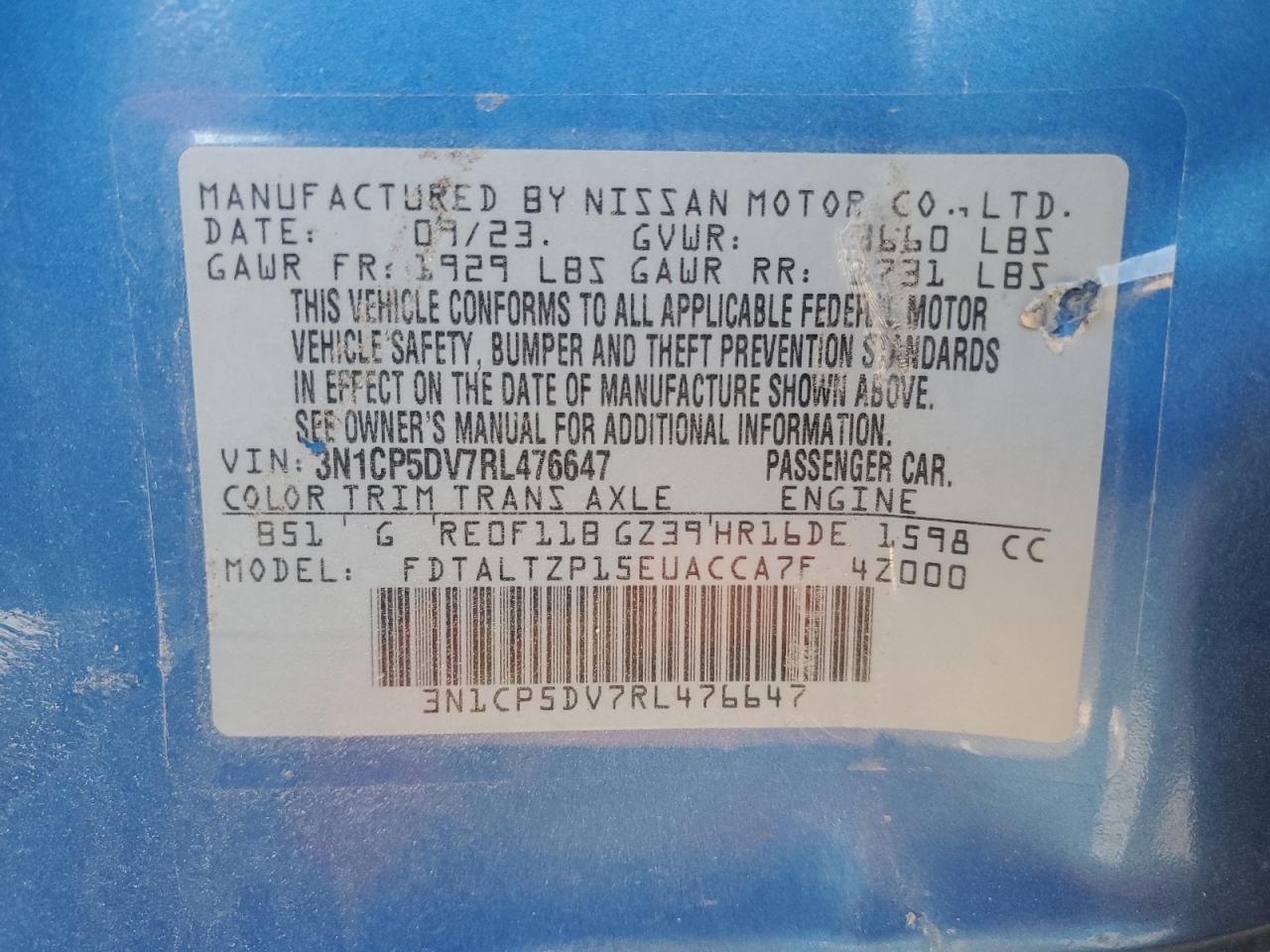 2024 NISSAN KICKS SR VIN:3N1CP5DV7RL476647