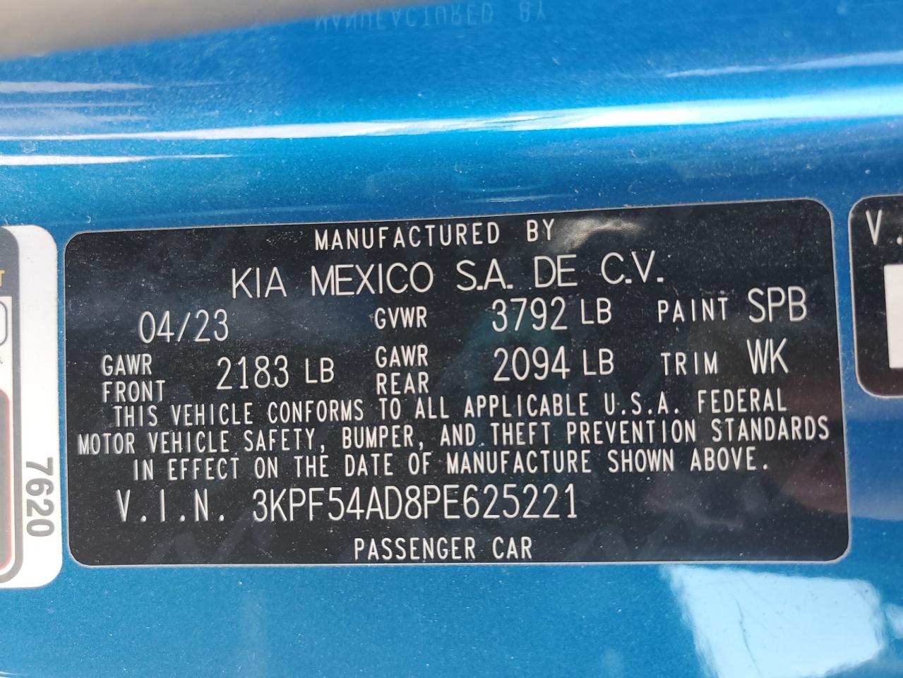 2023 KIA FORTE GT LINE VIN:3KPF54AD8PE625221