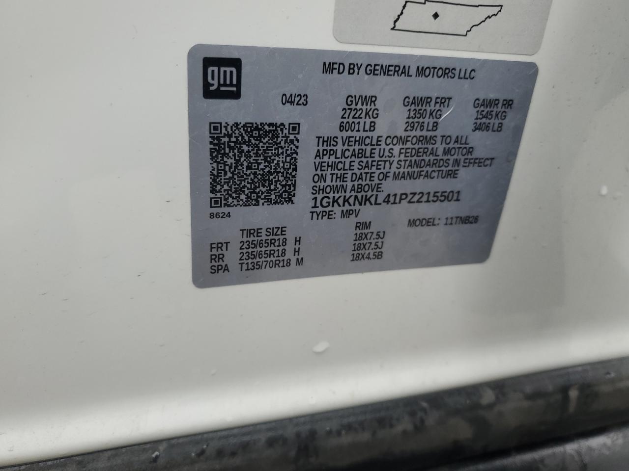 2023 GMC ACADIA SLE VIN:1GKKNKL41PZ215501