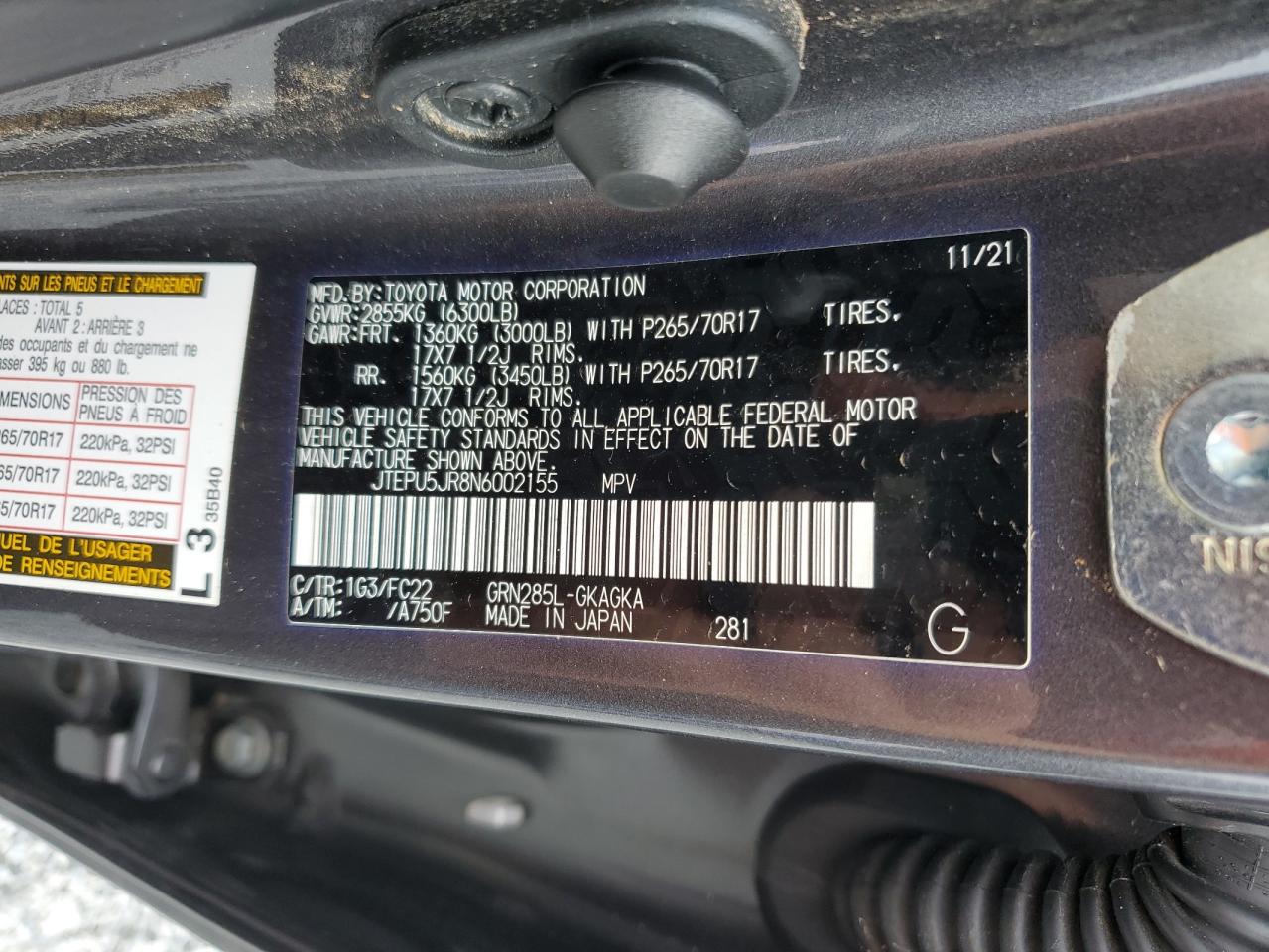 2022 TOYOTA 4RUNNER SR5/SR5 PREMIUM VIN:JTEPU5JR8N6002155