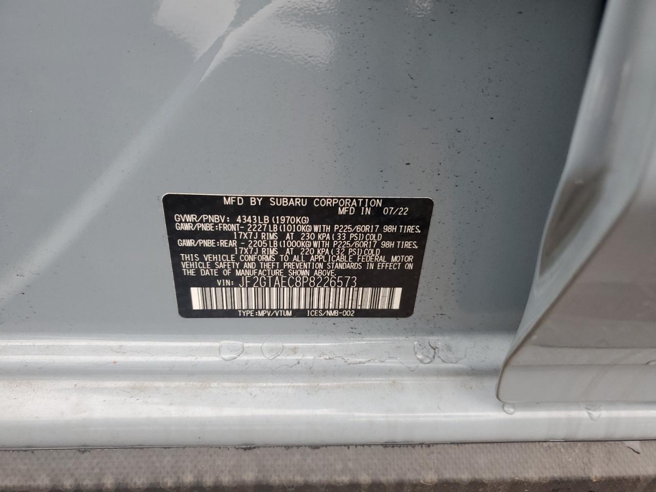 2023 SUBARU CROSSTREK PREMIUM VIN:JF2GTAEC8P8226573