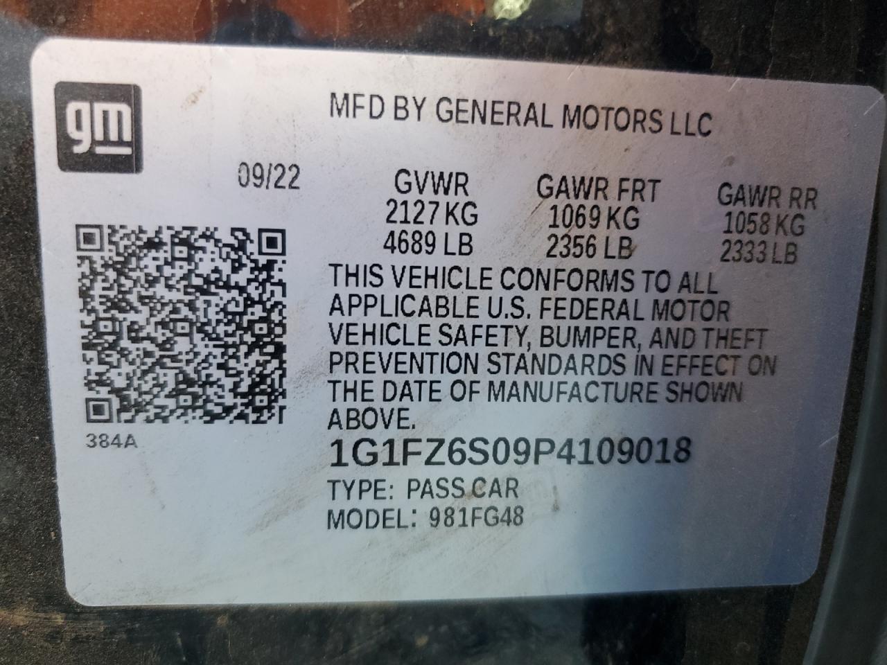 2023 CHEVROLET BOLT EUV PREMIER VIN:1G1FZ6S09P4109018