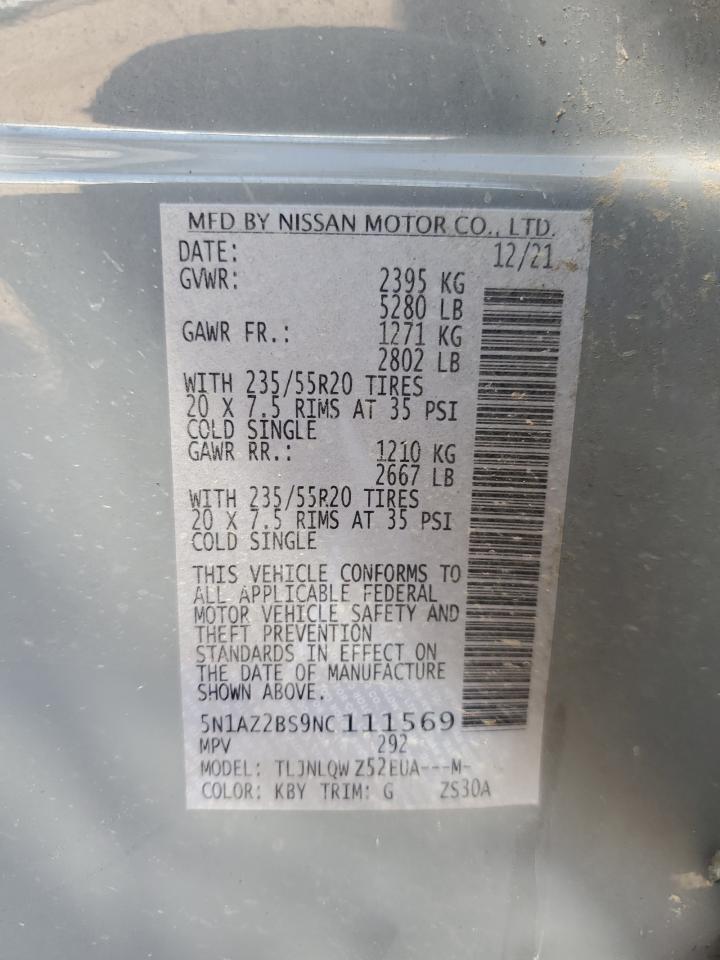2022 NISSAN MURANO SV VIN:5N1AZ2BS9NC111569