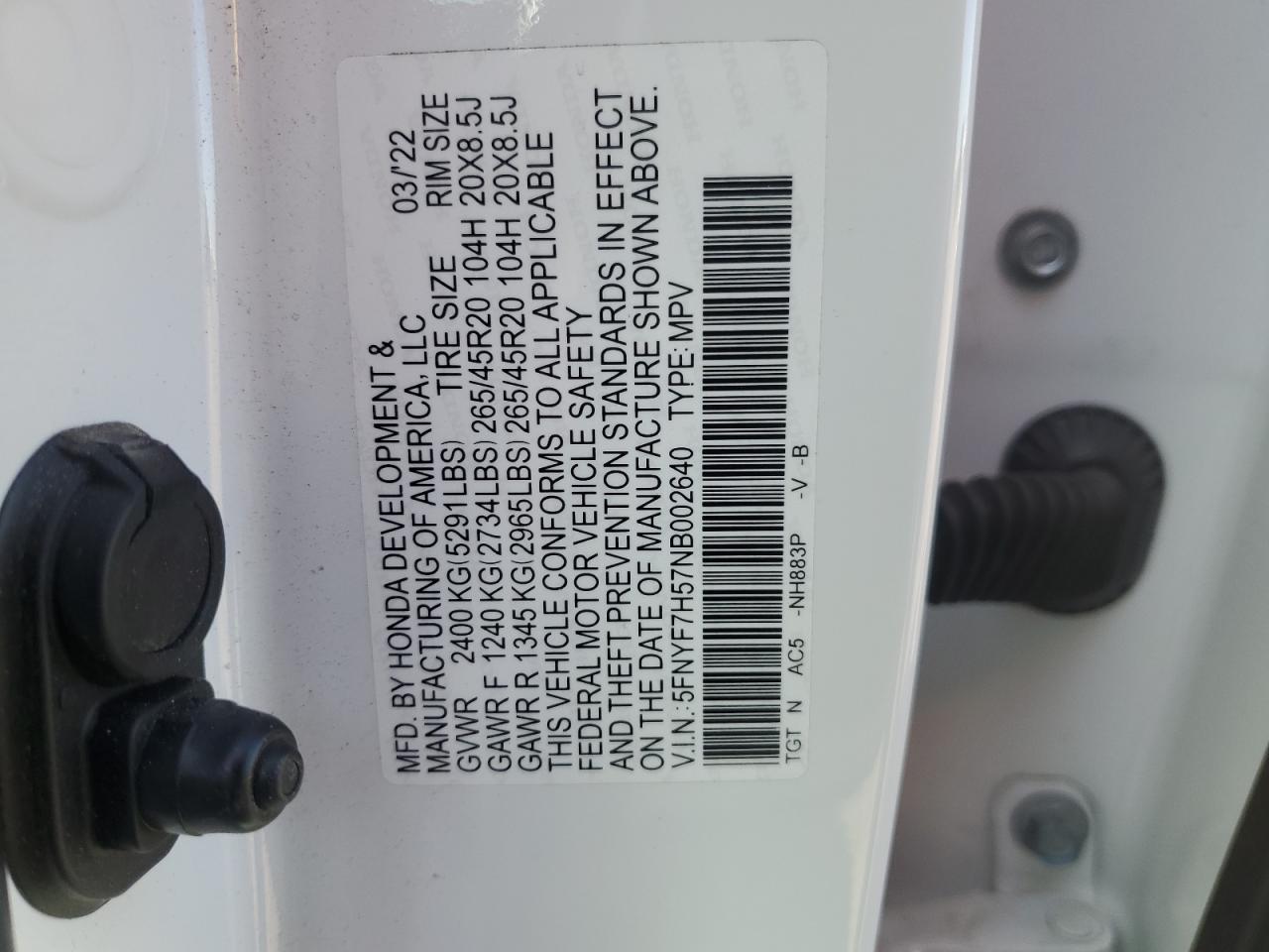 2022 HONDA PASSPORT EXL VIN:5FNYF7H57NB002640
