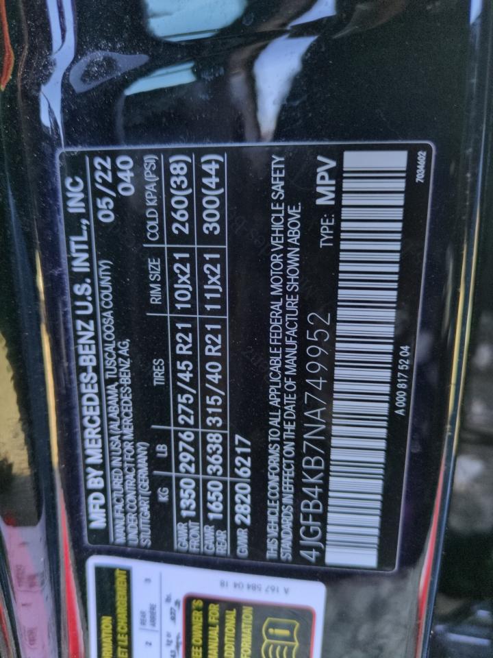 2022 MERCEDES-BENZ GLE 350 4MATIC VIN:4JGFB4KB7NA749952