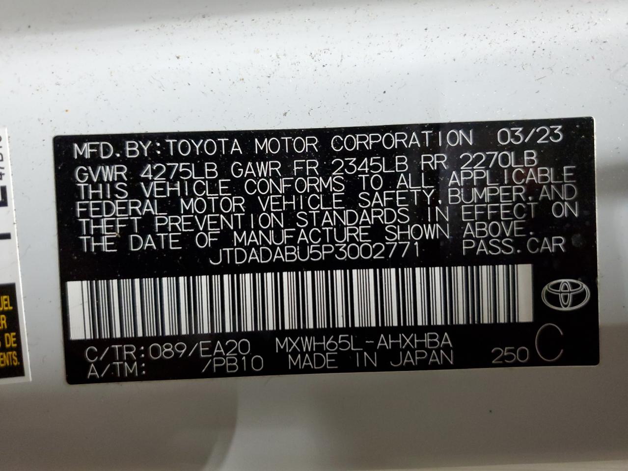 2023 TOYOTA PRIUS LE VIN:JTDADABU5P3002771