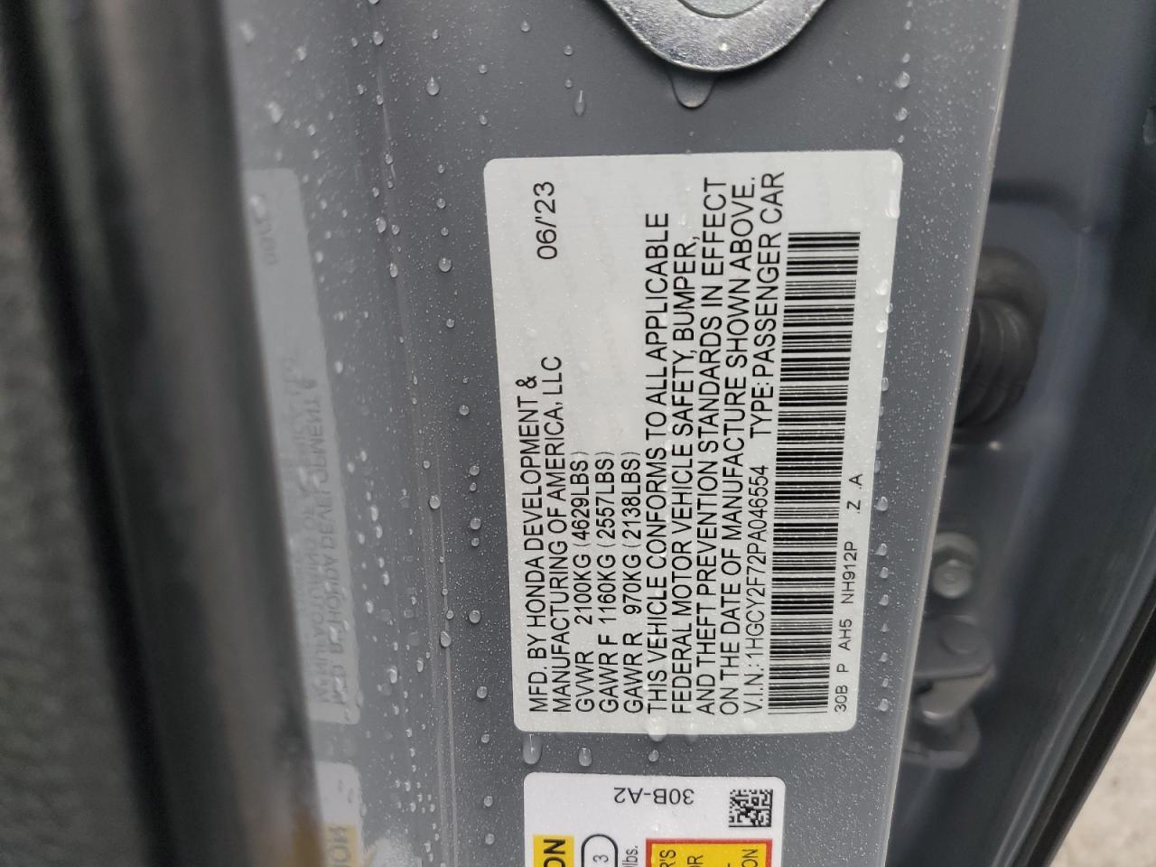 2023 HONDA ACCORD HYBRID SPORT-L VIN:1HGCY2F72PA046554