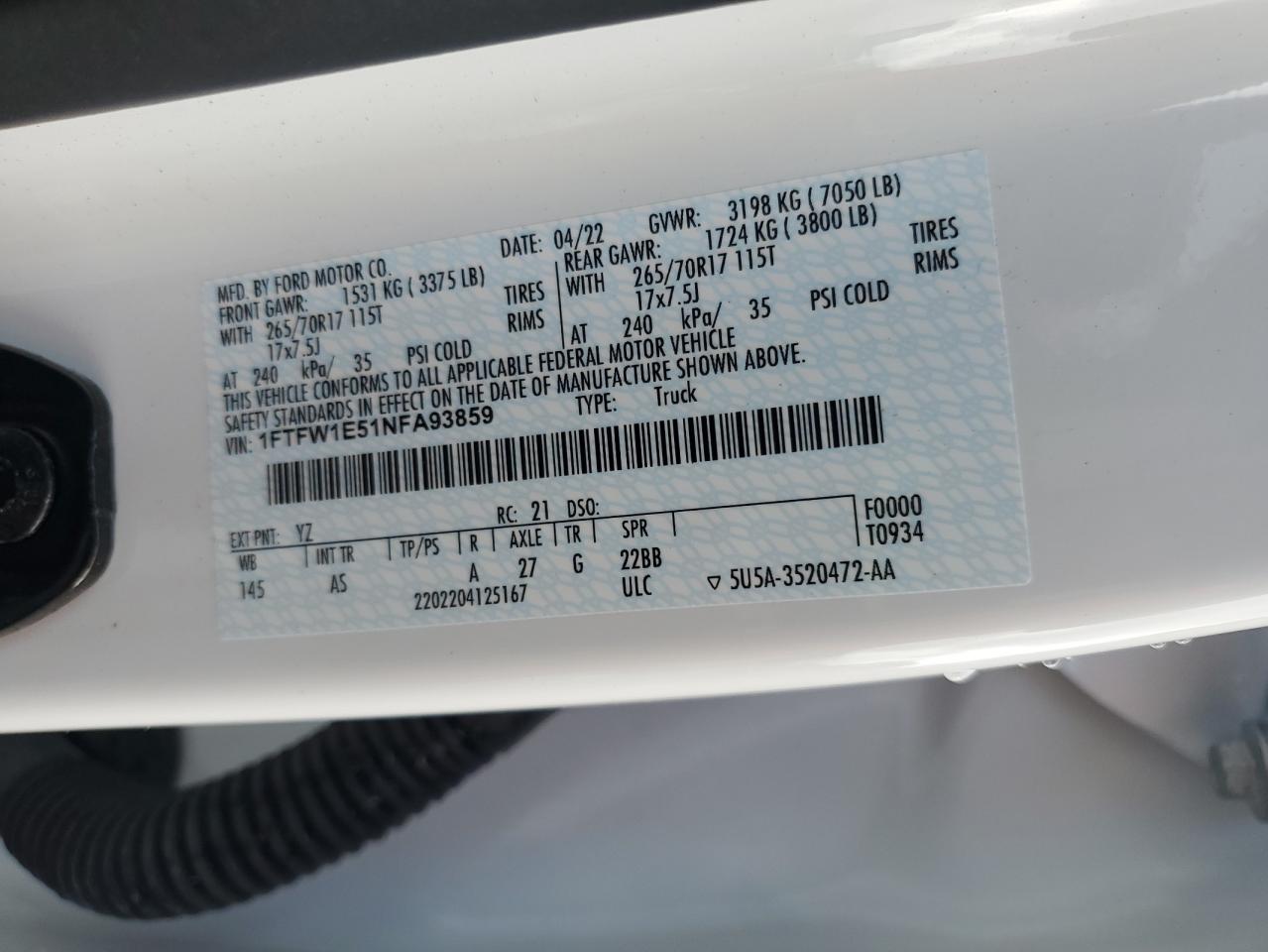 2022 FORD F150 SUPERCREW VIN:1FTFW1E51NFA93859