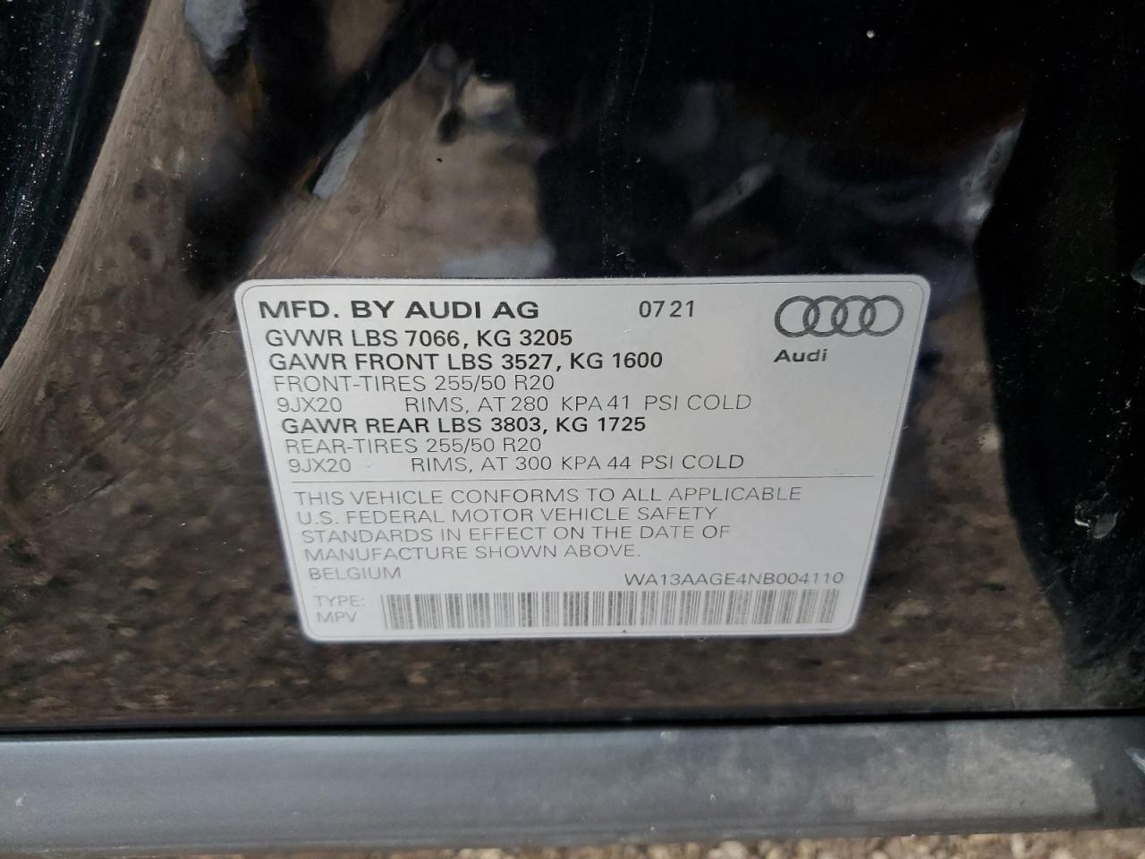 2022 AUDI E-TRON SPORTBACK PRESTIGE VIN:WA13AAGE4NB004110