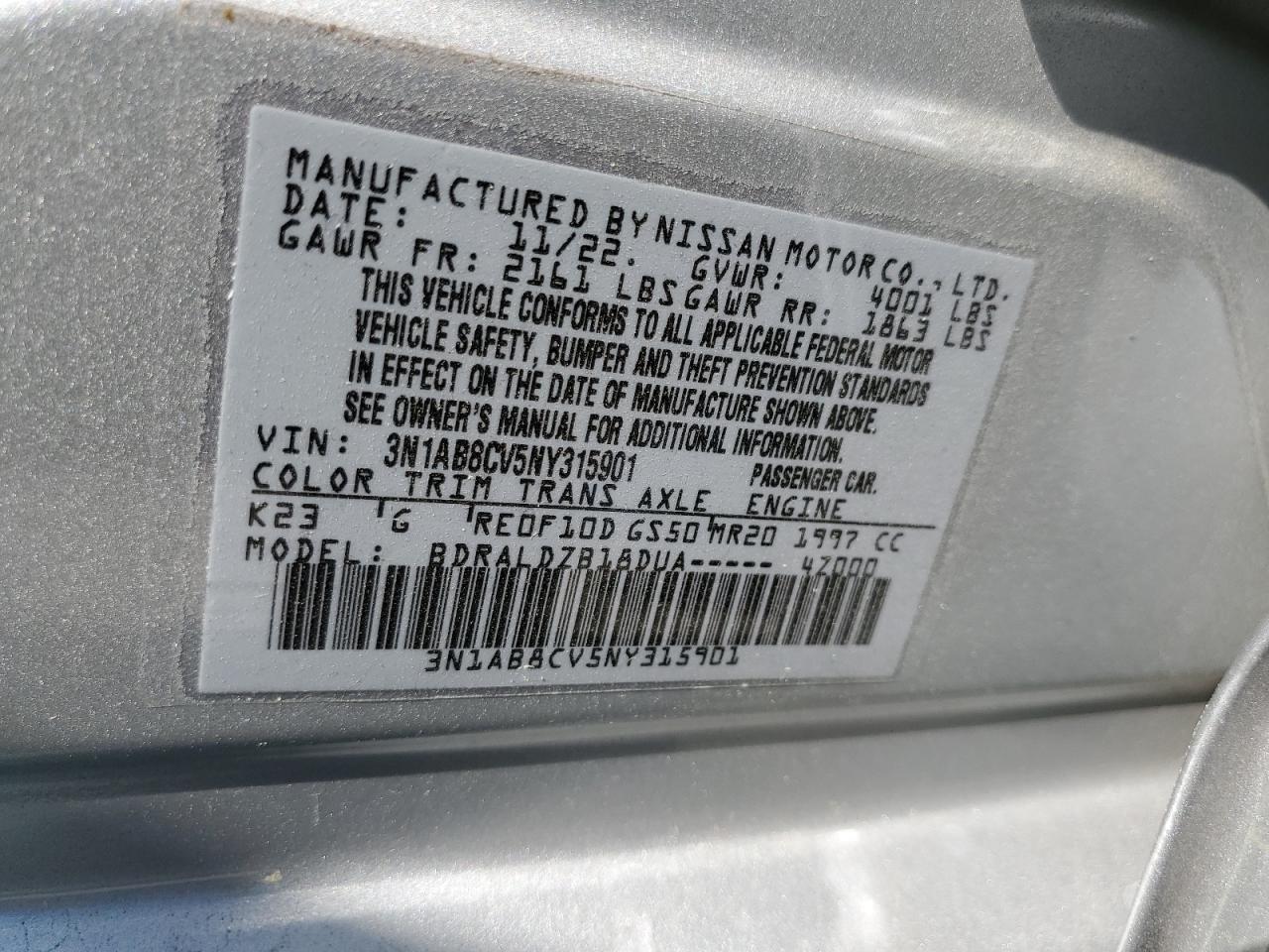 2022 NISSAN SENTRA SV VIN:3N1AB8CV5NY315901