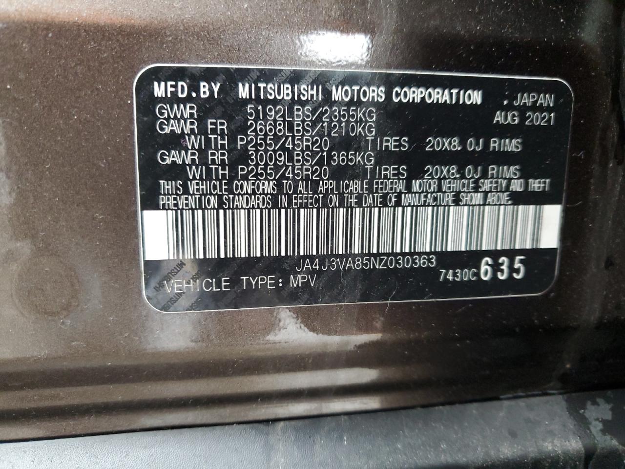 2022 MITSUBISHI OUTLANDER SEL VIN:JA4J3VA85NZ030363