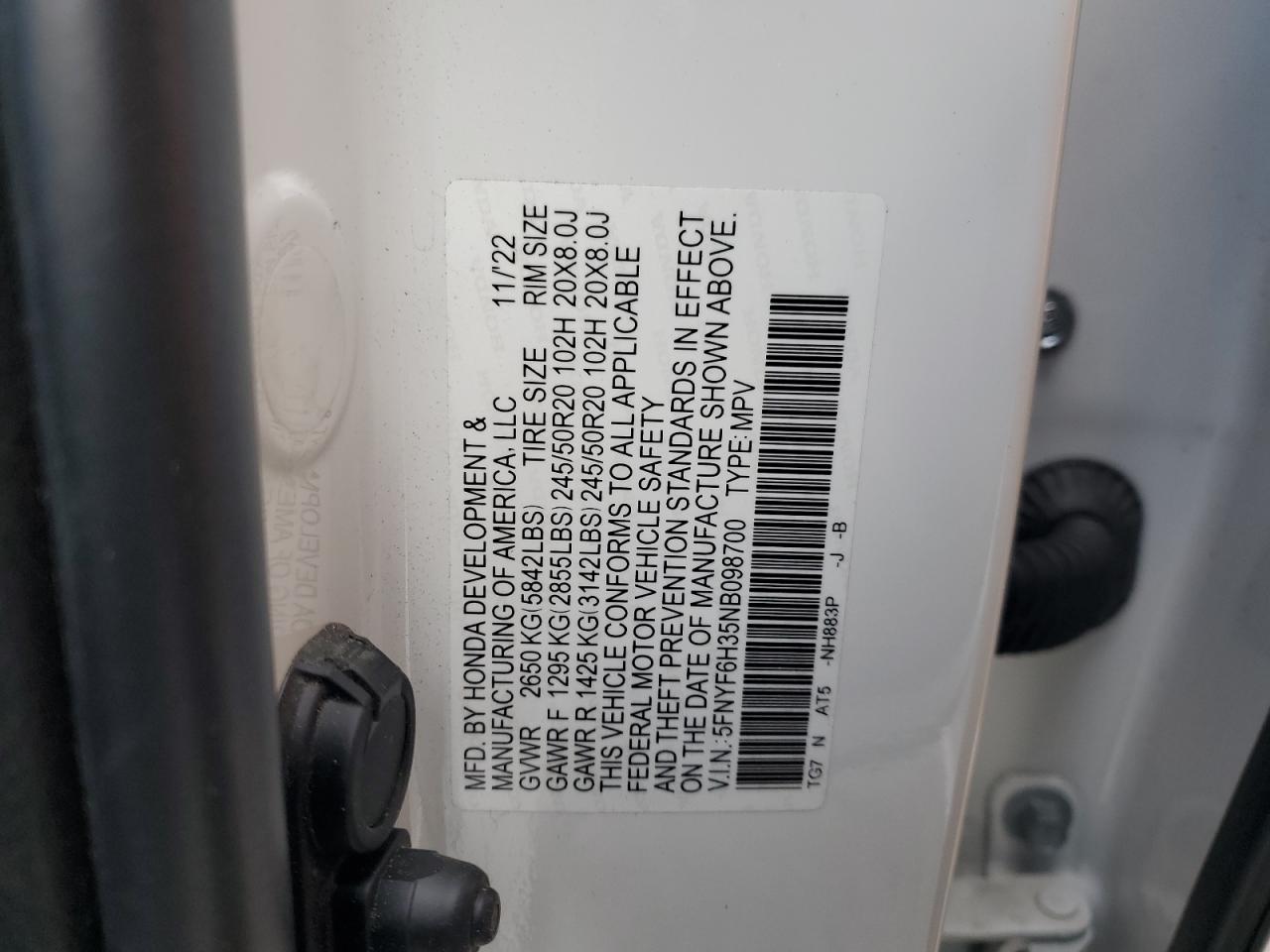 2022 HONDA PILOT SPORT VIN:5FNYF6H35NB098700