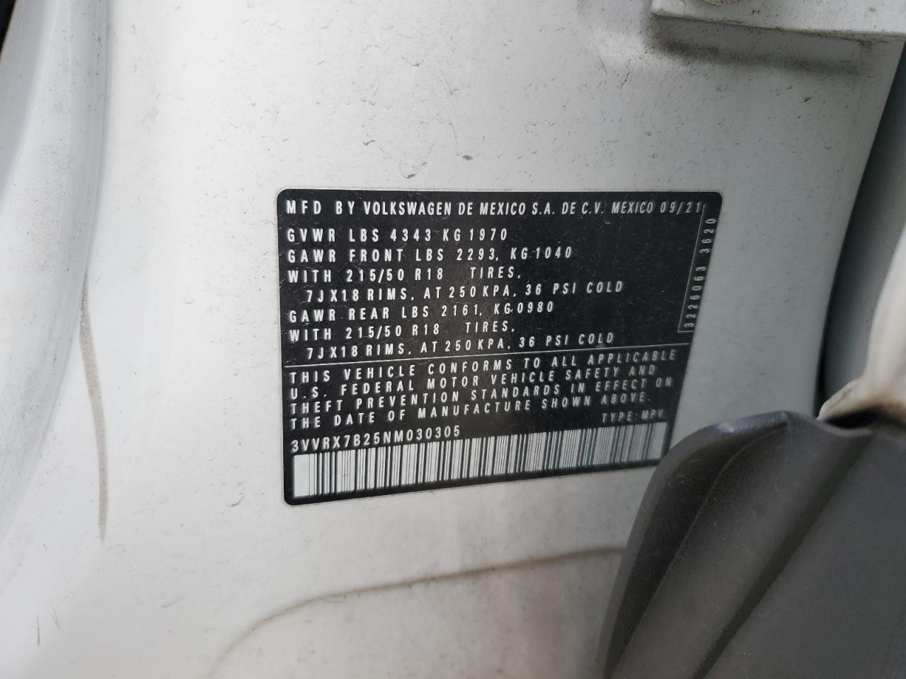 2022 VOLKSWAGEN TAOS SE VIN:3VVRX7B25NM030305