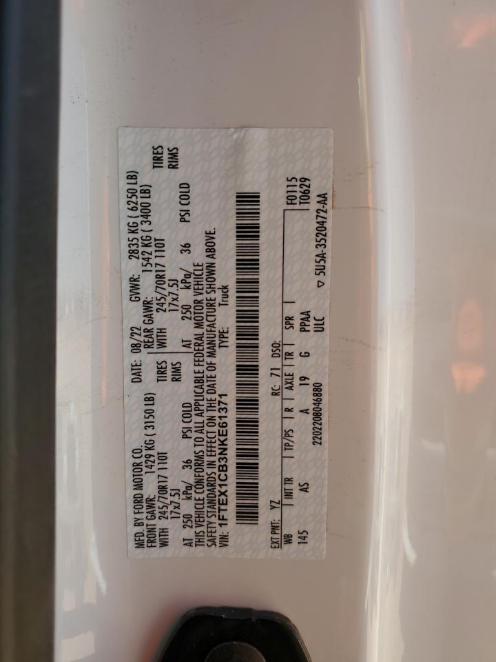 2022 FORD F150 SUPER CAB VIN:1FTEX1CB3NKE61371