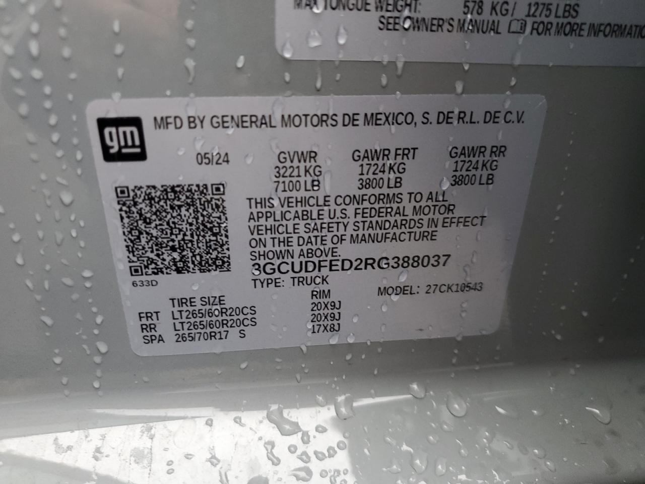 2024 CHEVROLET SILVERADO K1500 LT TRAIL BOSS VIN:3GCUDFED2RG388037