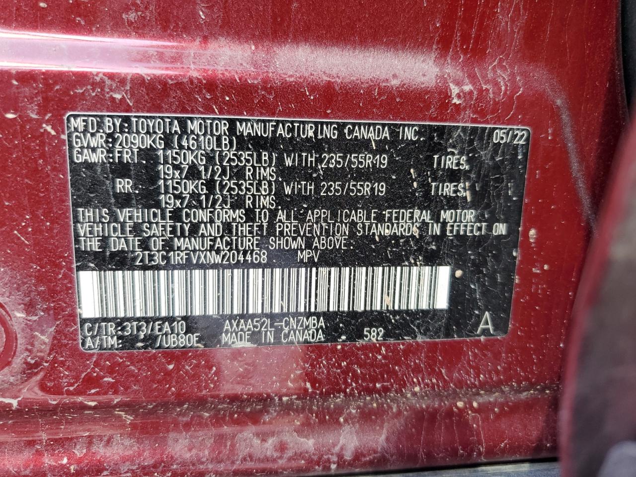 2022 TOYOTA RAV4 XLE PREMIUM VIN:2T3C1RFVXNW204468