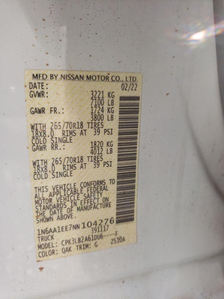 2022 NISSAN TITAN S VIN:1N6AA1EE7NN104276