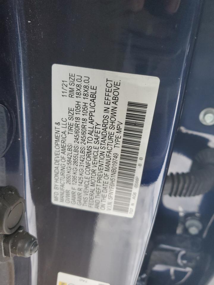2022 HONDA PILOT EXL VIN:5FNYF6H51NB019749