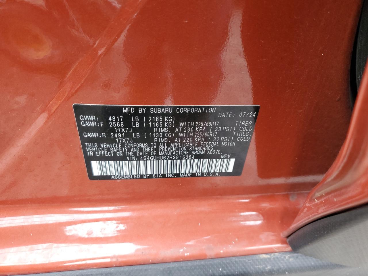 2024 SUBARU CROSSTREK WILDERNESS VIN:4S4GUHU62R3816084