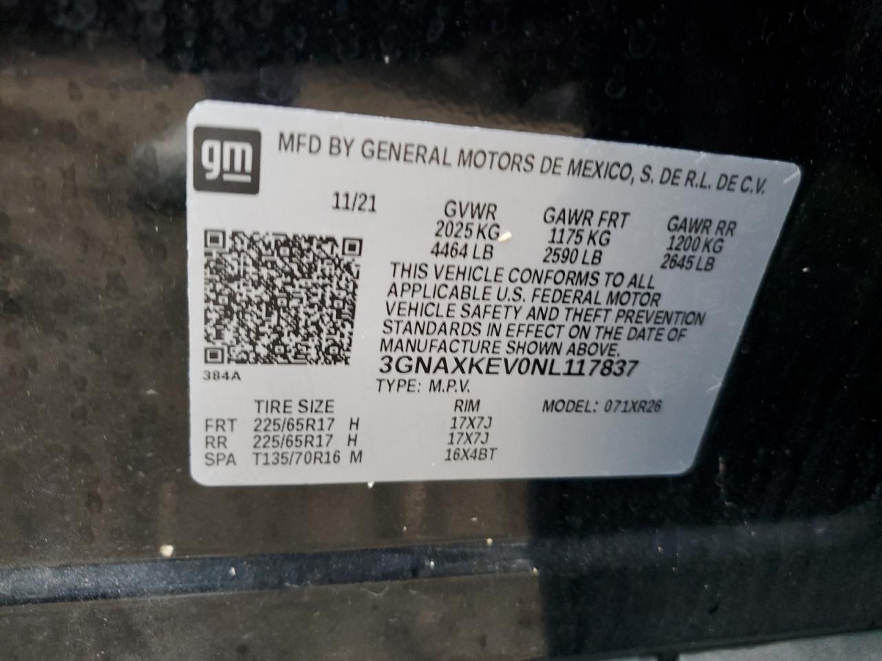 2022 CHEVROLET EQUINOX LT VIN:3GNAXKEV0NL117837