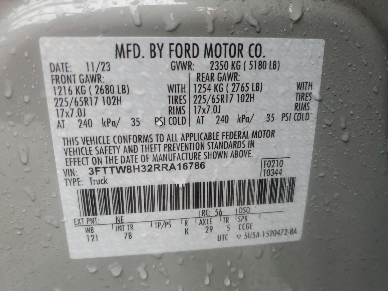 2024 FORD MAVERICK XLT VIN:3FTTW8H32RRA16786