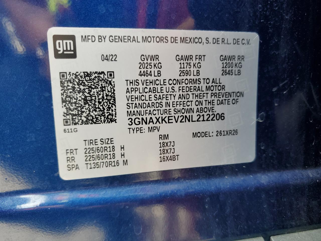 2022 CHEVROLET EQUINOX LT VIN:3GNAXKEV2NL212206