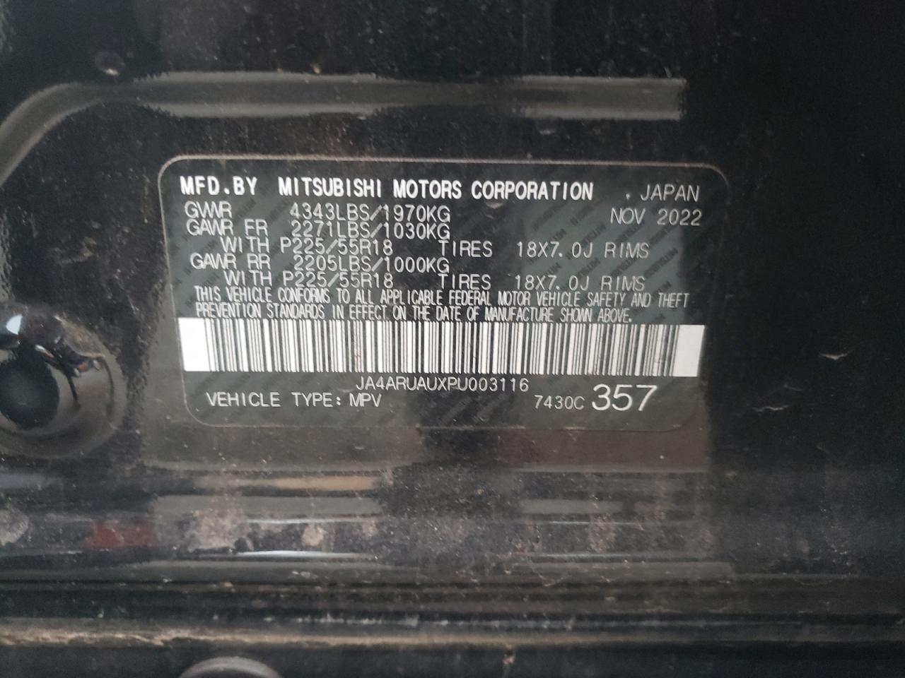 2023 MITSUBISHI OUTLANDER SPORT S/SE VIN:JA4ARUAUXPU003116