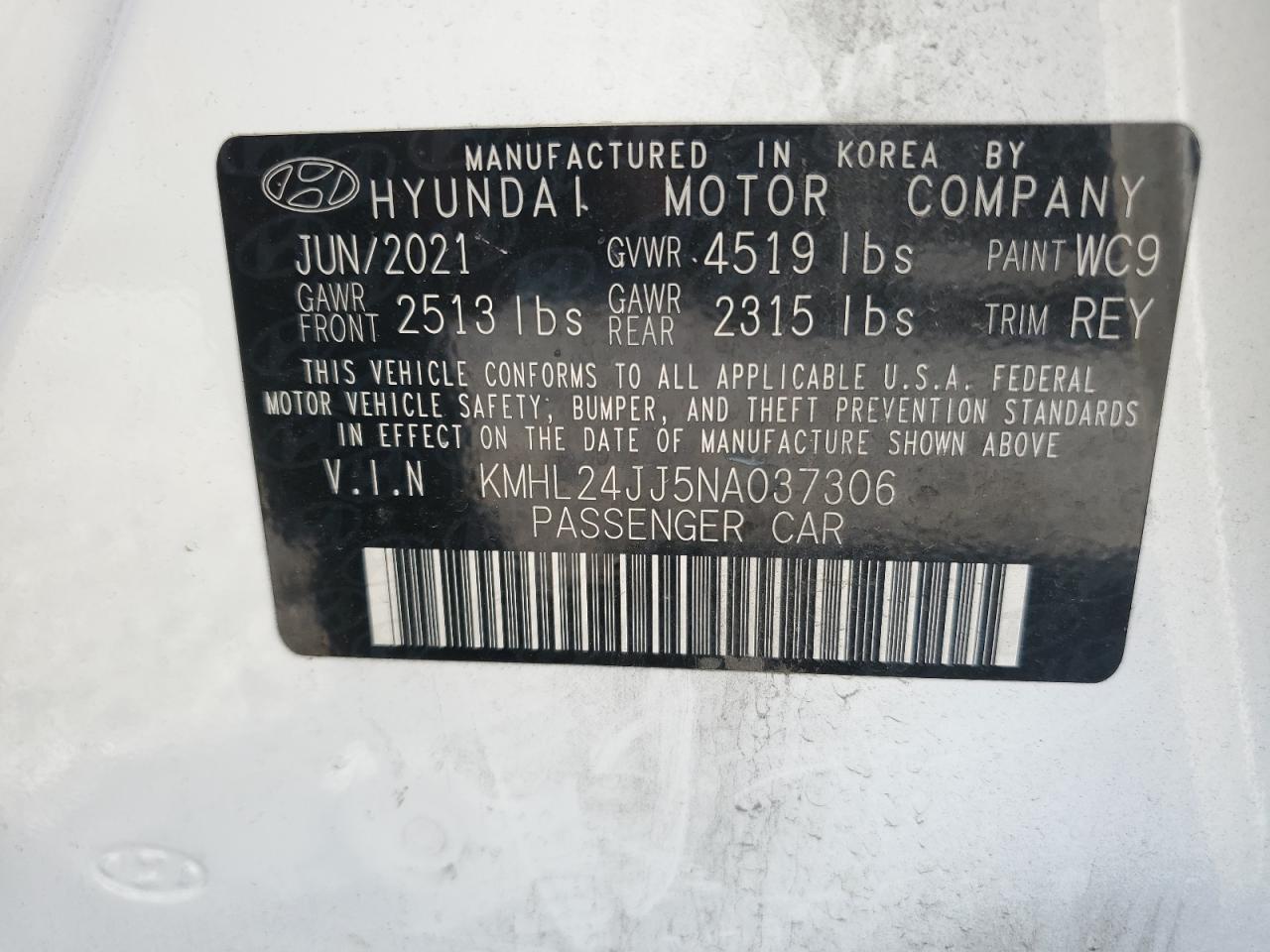 2022 HYUNDAI SONATA HYBRID VIN:KMHL24JJ5NA037306