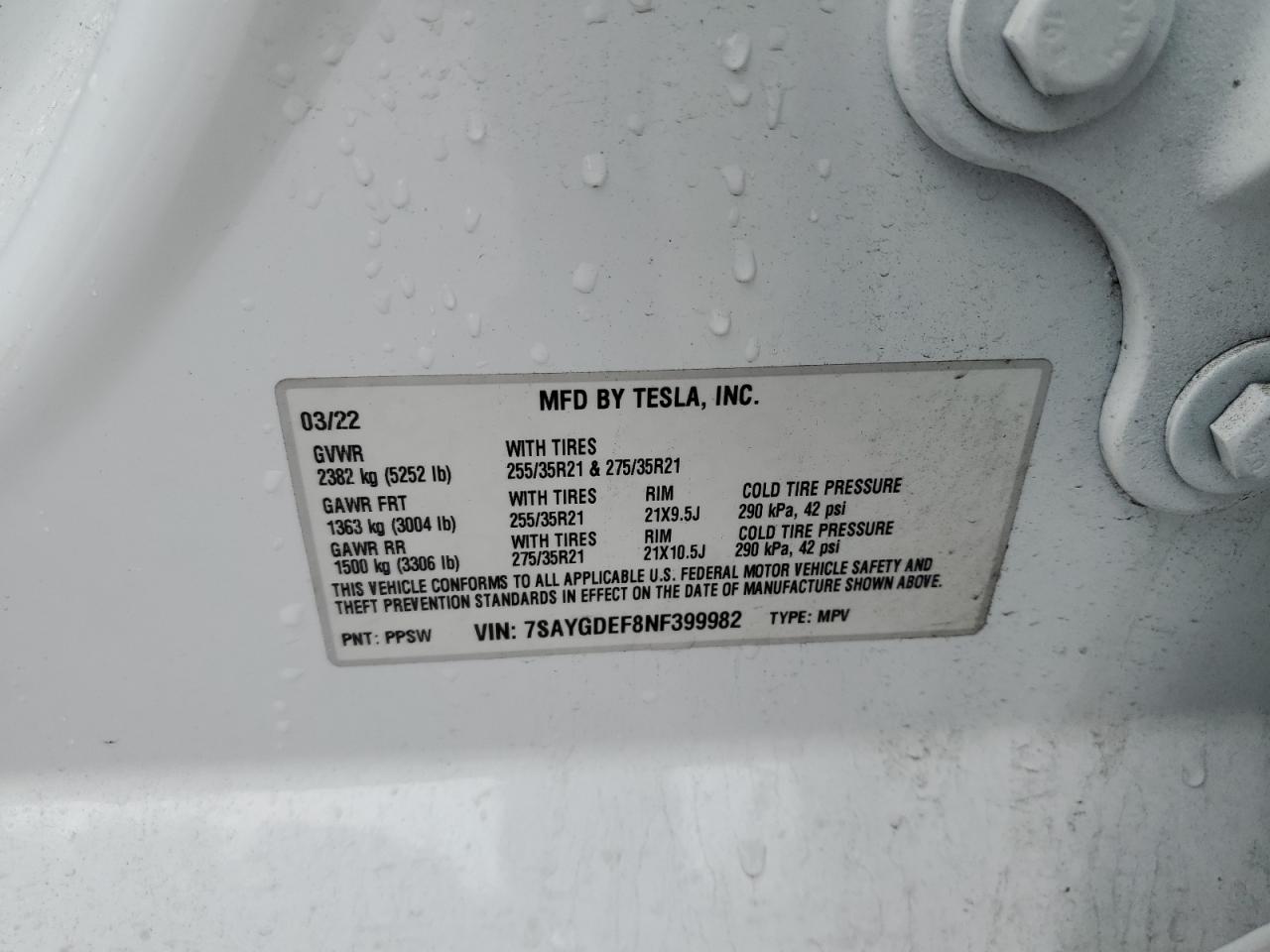 2022 TESLA MODEL Y  VIN:7SAYGDEF8NF399982