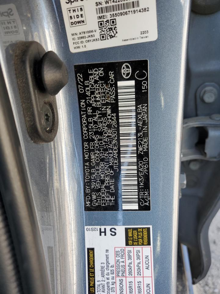 2022 TOYOTA COROLLA LE VIN:JTDEAMDE3N3012844