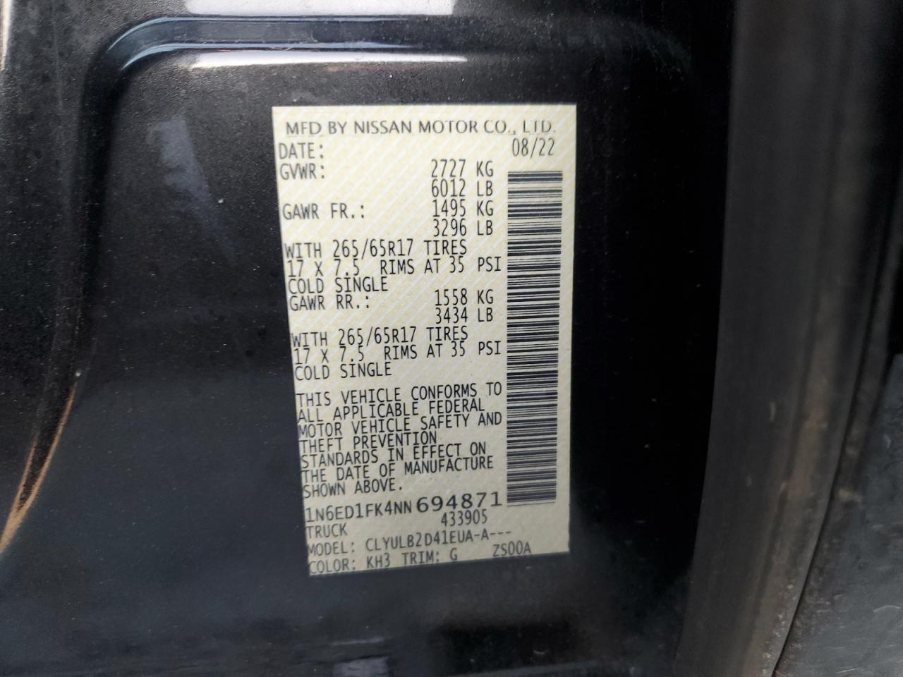 2022 NISSAN FRONTIER SV VIN:1N6ED1FK4NN694871