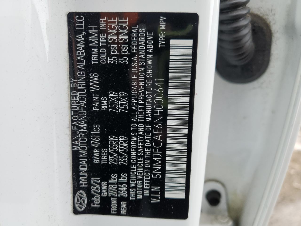 2022 HYUNDAI TUCSON SEL VIN:5NMJFCAE6NH000641