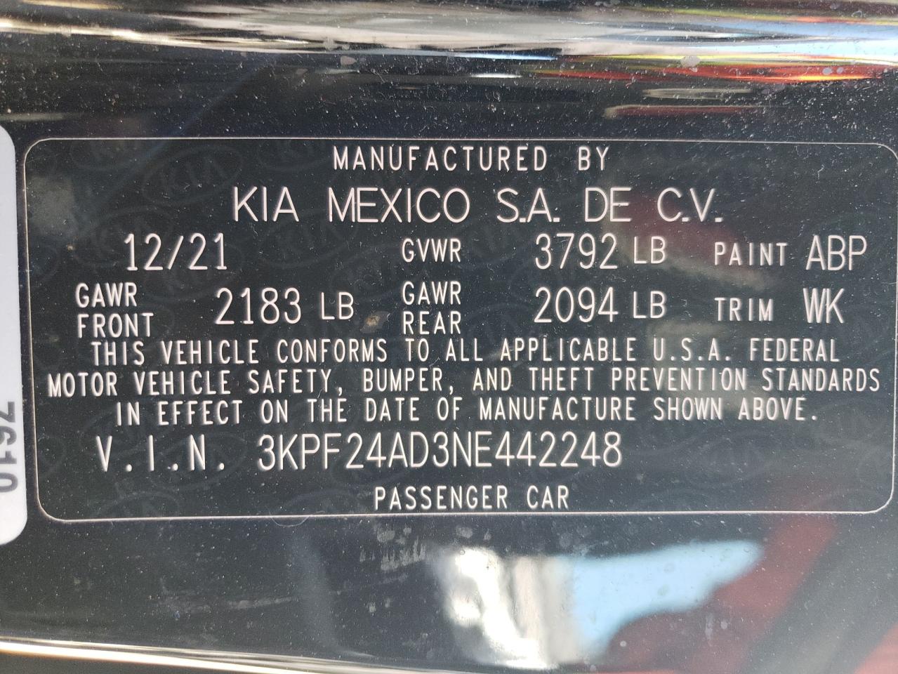 2022 KIA FORTE FE VIN:3KPF24AD3NE442248