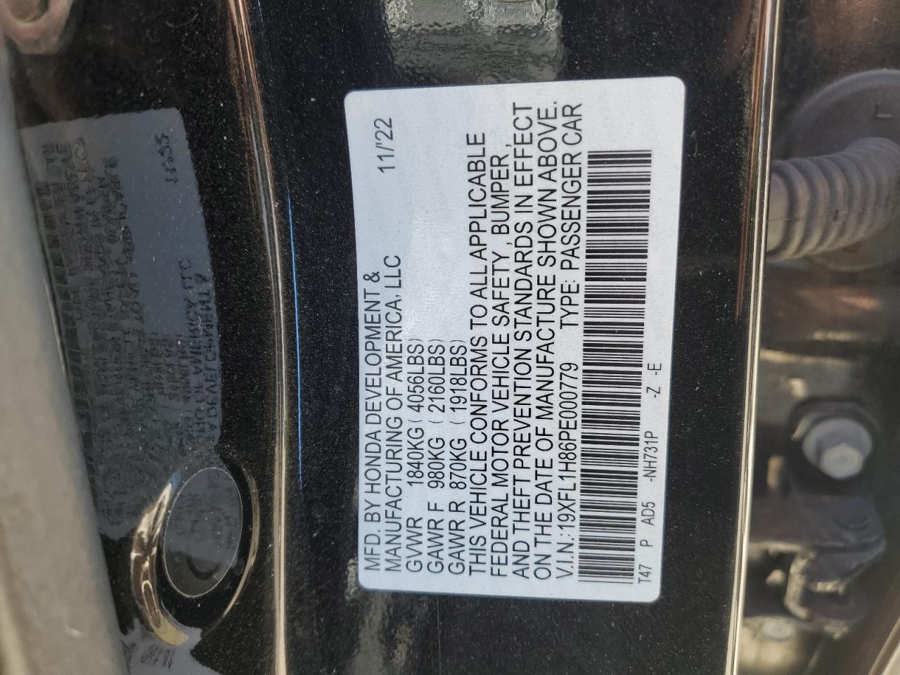 2023 HONDA CIVIC SPORT TOURING VIN:19XFL1H86PE000779