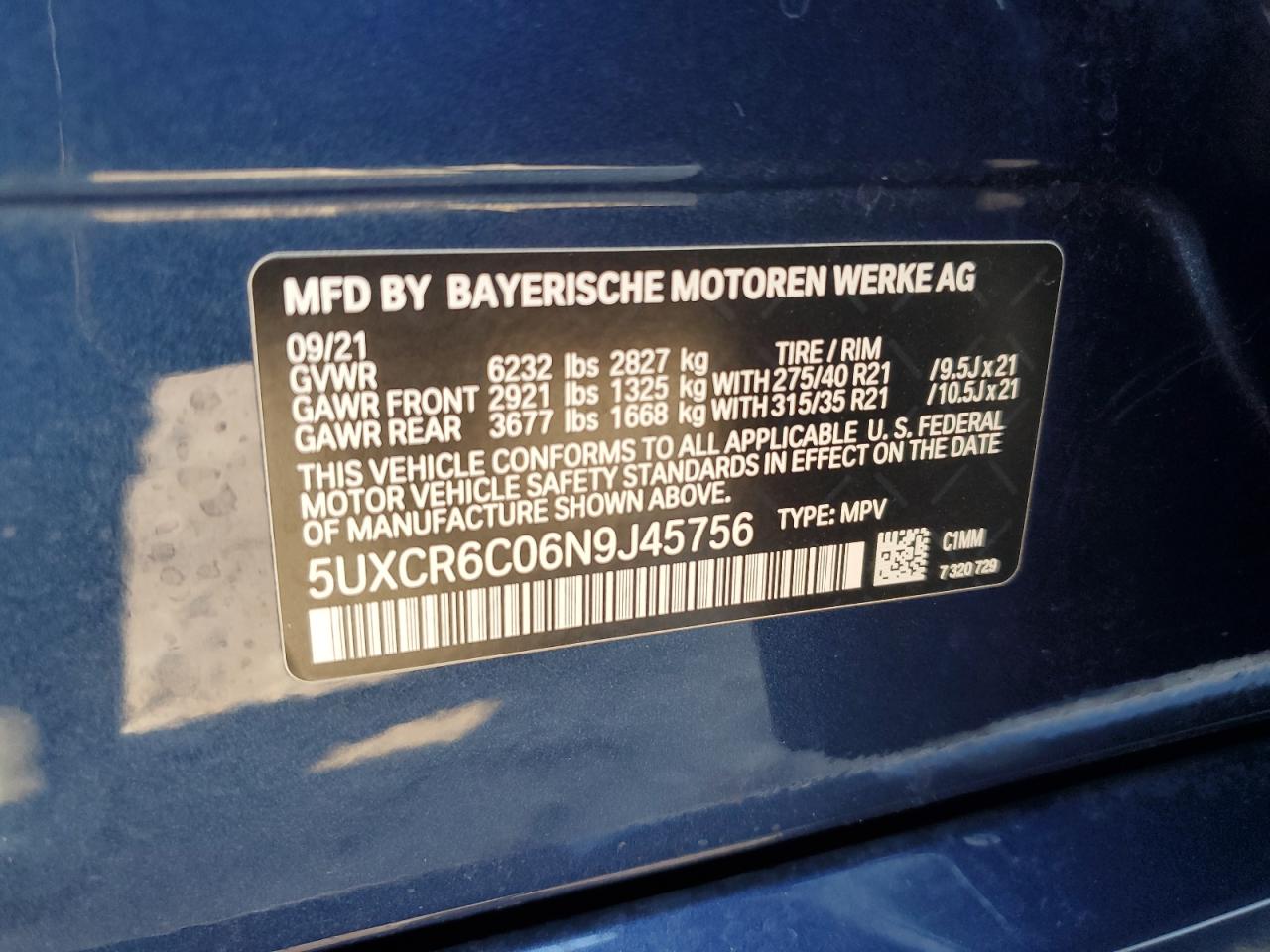 2022 BMW X5 XDRIVE40I VIN:5UXCR6C06N9J45756