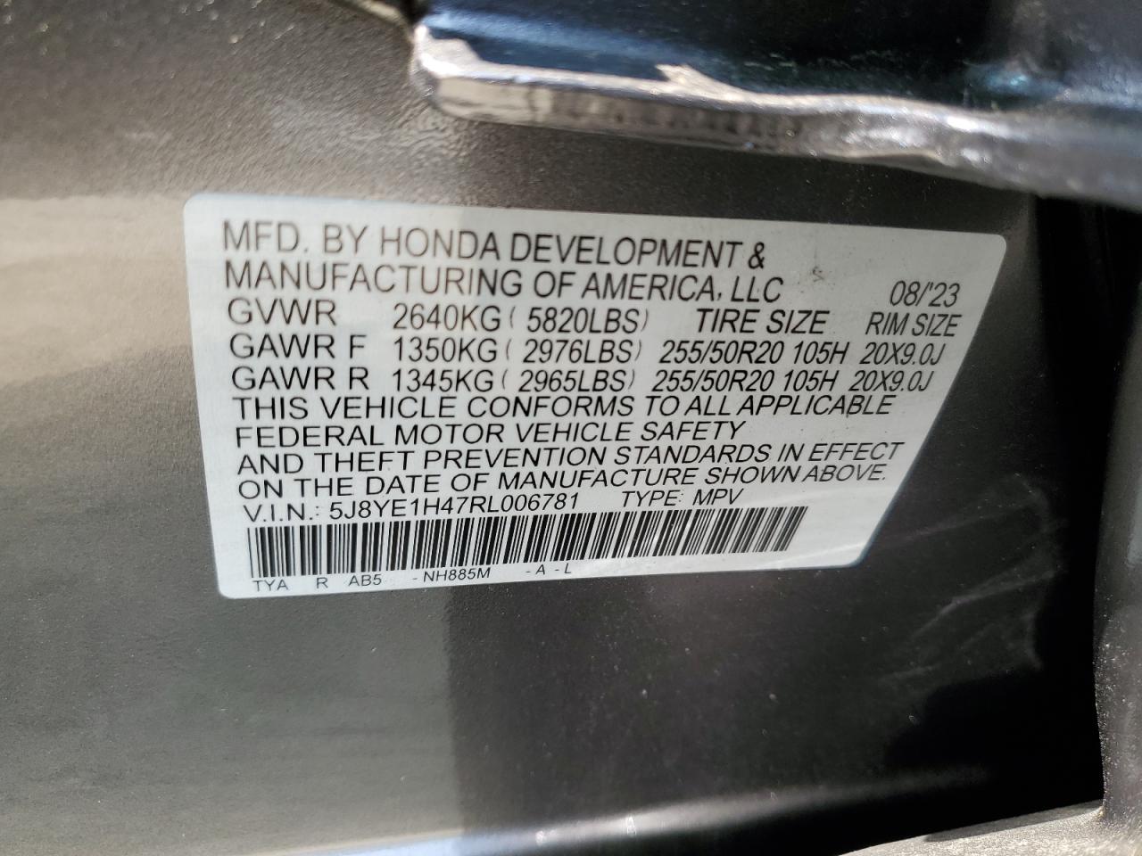 2024 ACURA MDX TECHNOLOGY VIN:5J8YE1H47RL006781