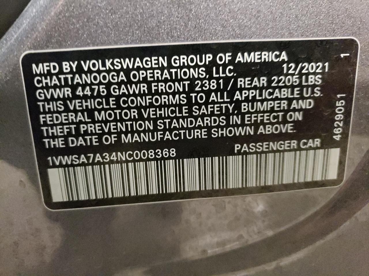 2022 VOLKSWAGEN PASSAT SE VIN:1VWSA7A34NC008368