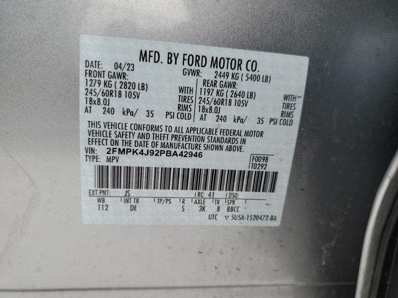 2023 FORD EDGE SEL VIN:2FMPK4J92PBA42946