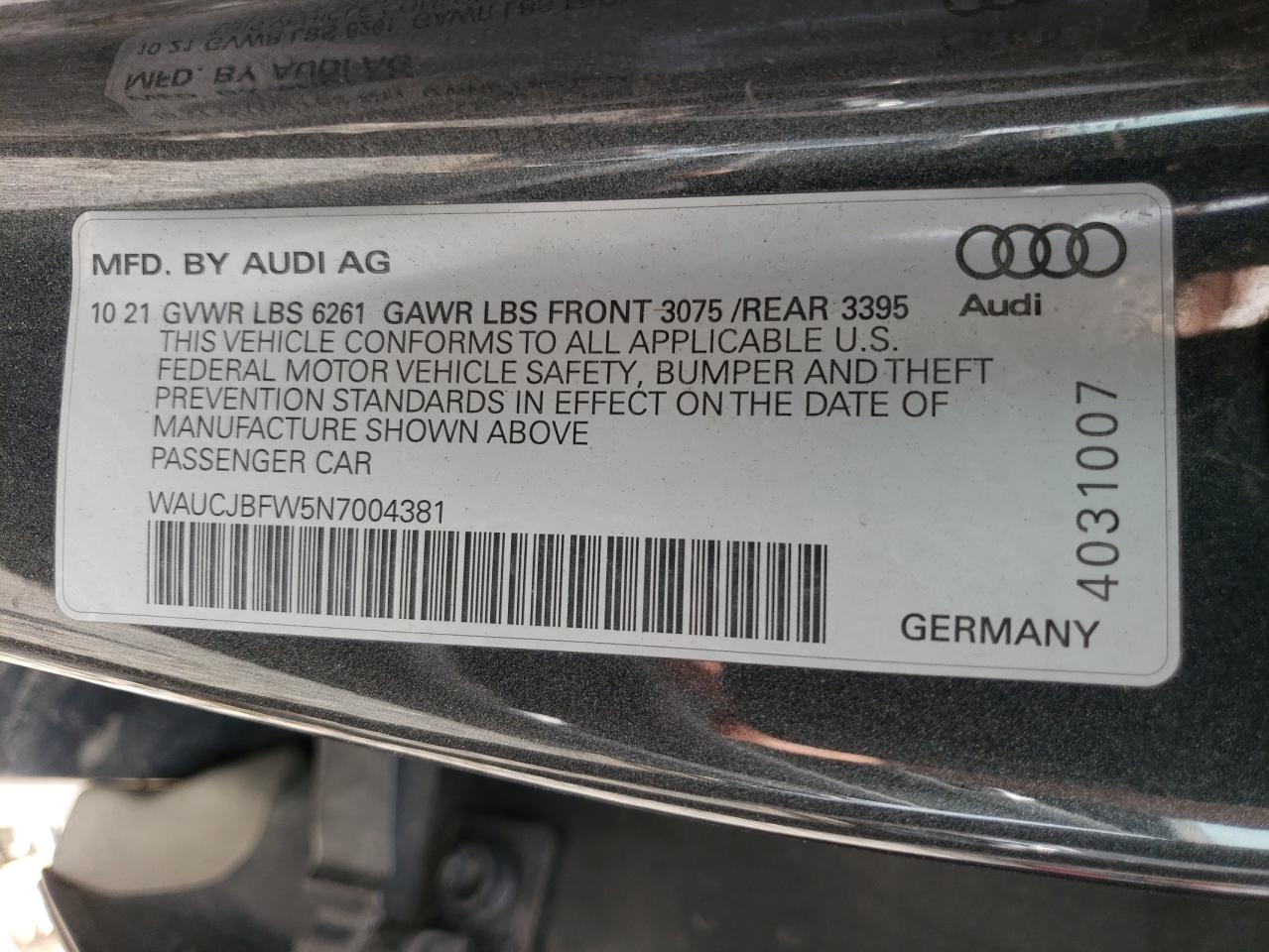 2022 AUDI E-TRON GT PREMIUM PLUS VIN:WAUCJBFW5N7004381