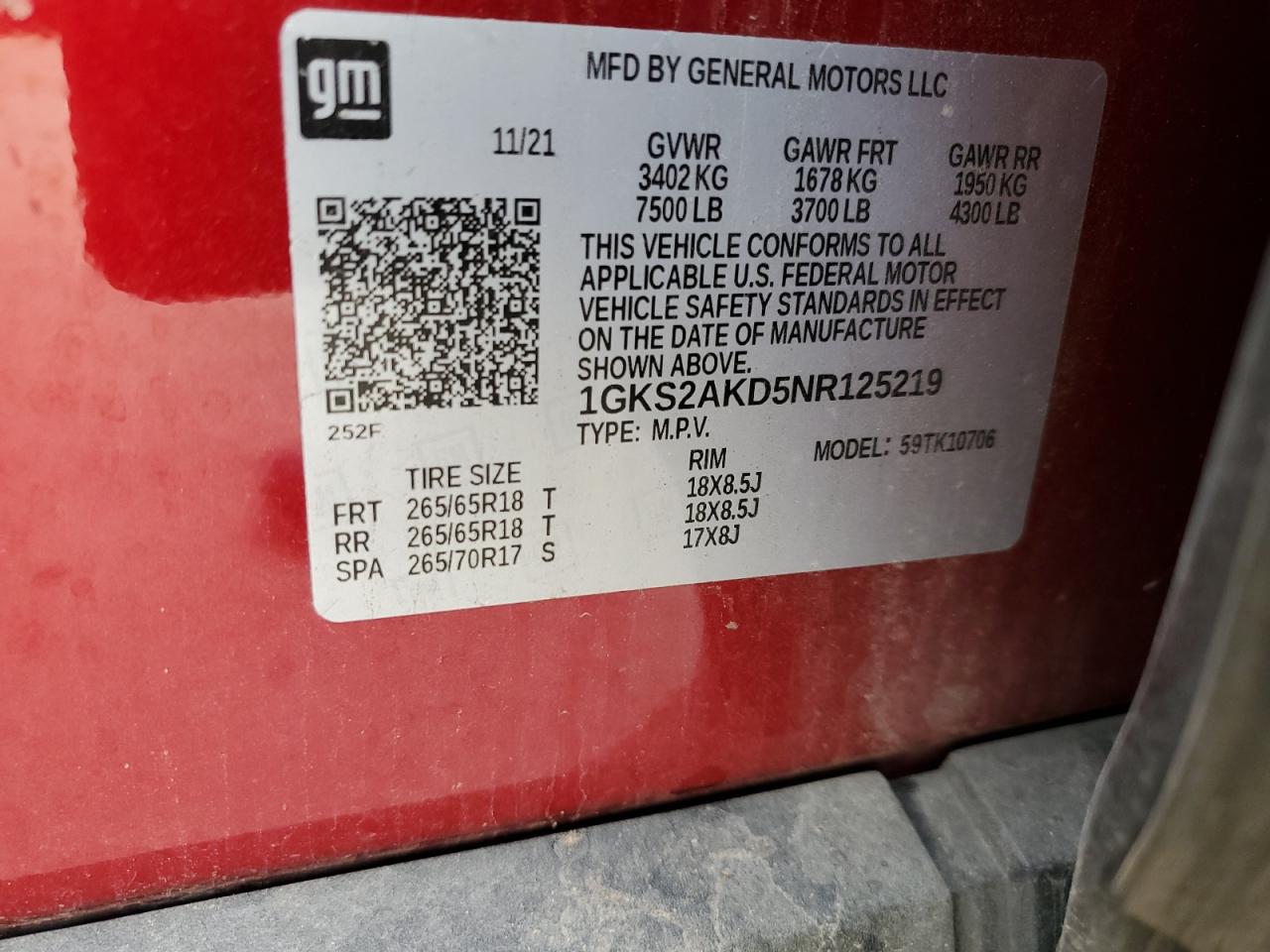 2022 GMC YUKON SLE VIN:1GKS2AKD5NR125219