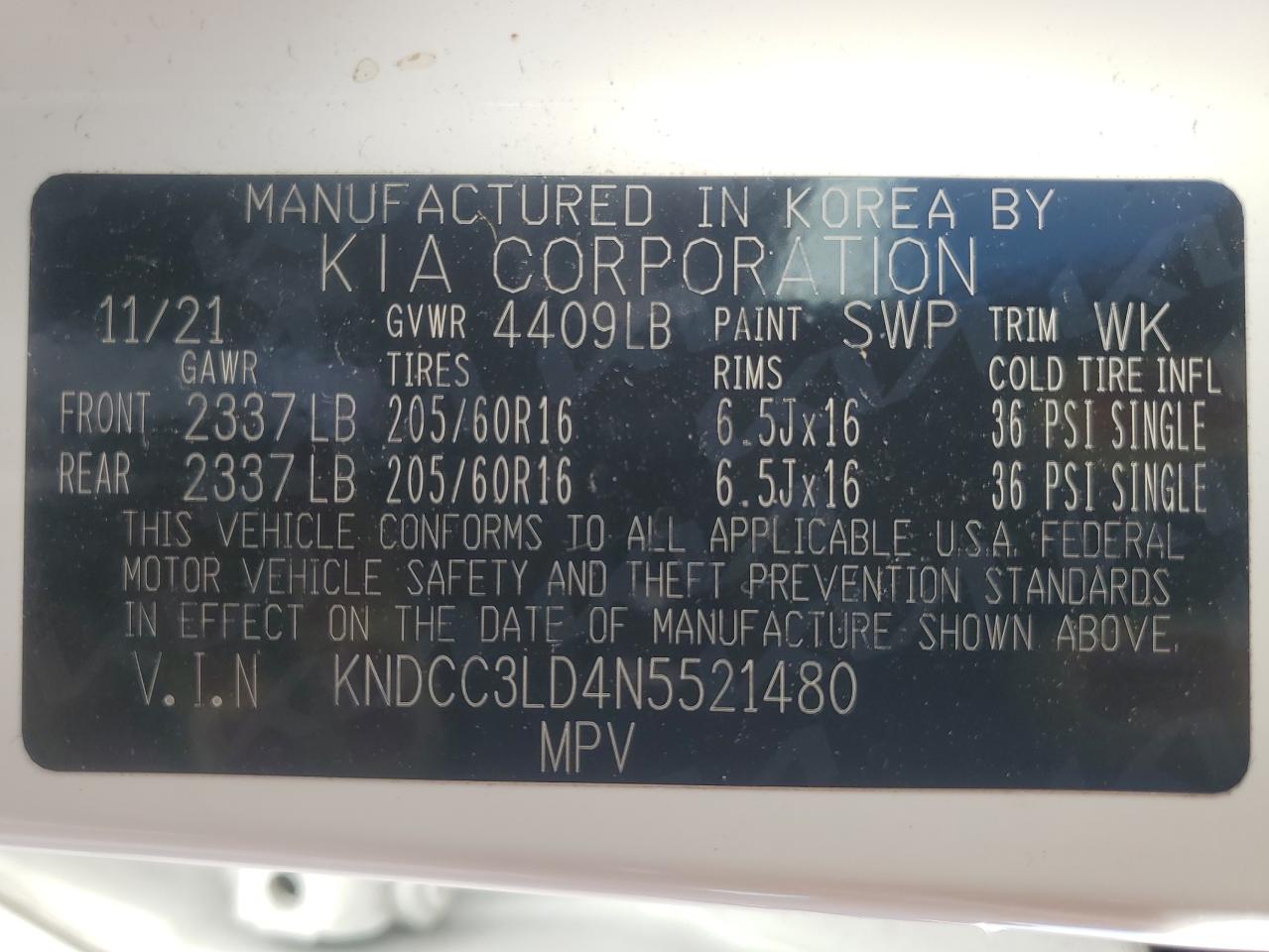 2022 KIA NIRO EX PREMIUM VIN:KNDCC3LD4N5521480