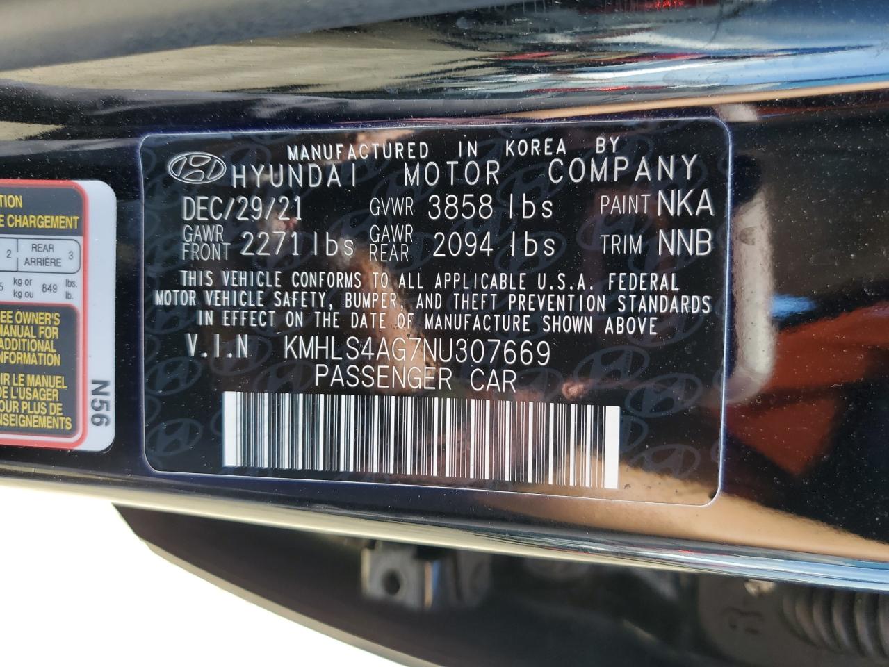 2022 HYUNDAI ELANTRA SEL VIN:KMHLS4AG7NU307669