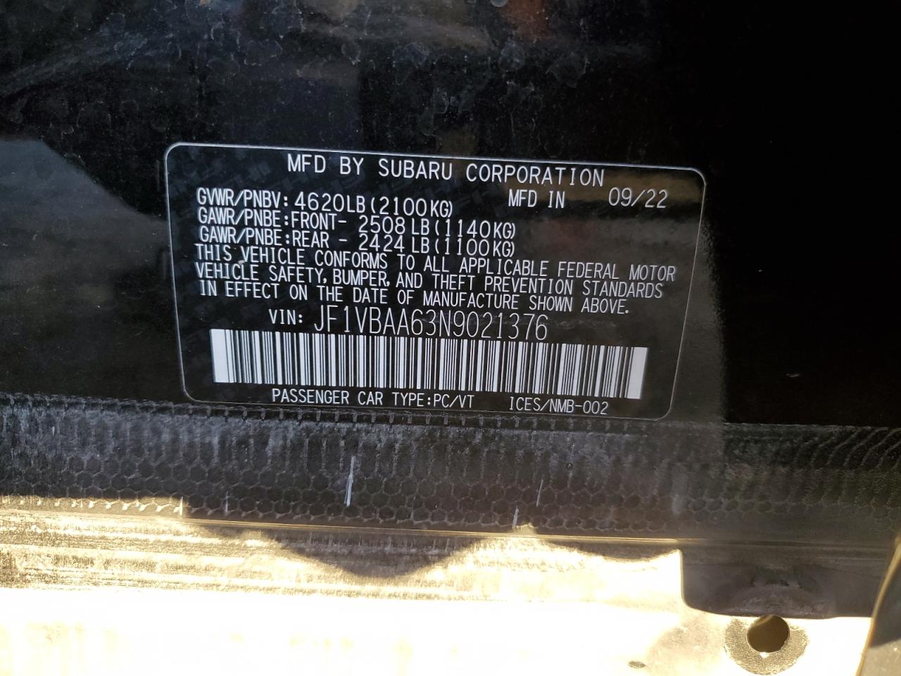 2022 SUBARU WRX  VIN:JF1VBAA63N9021376